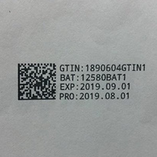 GS1 DataMatrix with GTIN, batch and expiry printed by thermal inkjet